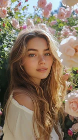 Sunlit portrait of young woman framed by soft pink roses.