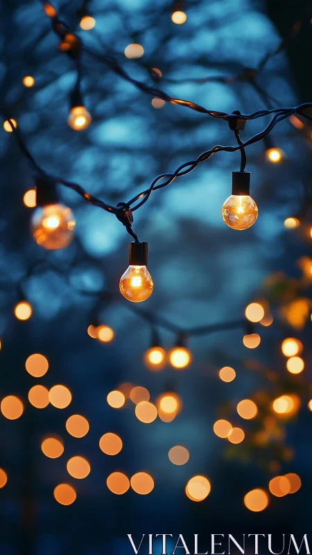 Warm string lights glow softly against a dreamy twilight sky