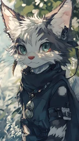 Cybernetic scout feline in tactical cloak under dappled light.