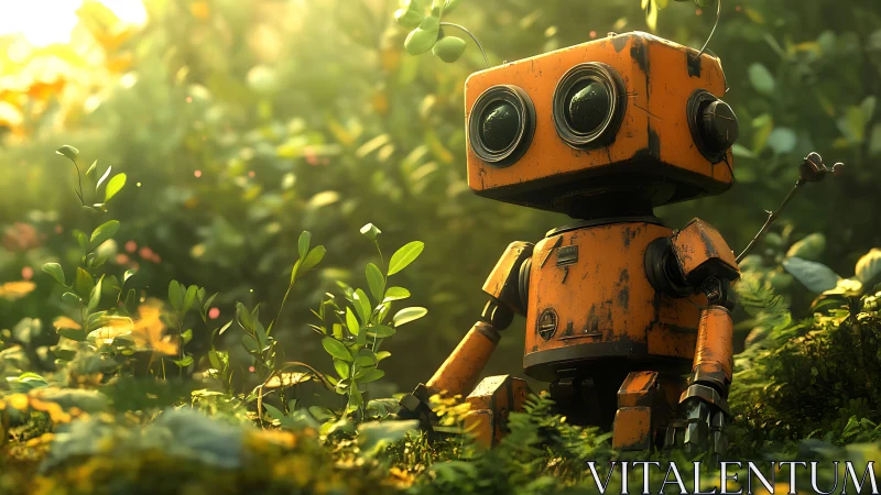 Orange boxy robot stands in lush green forest clearing.