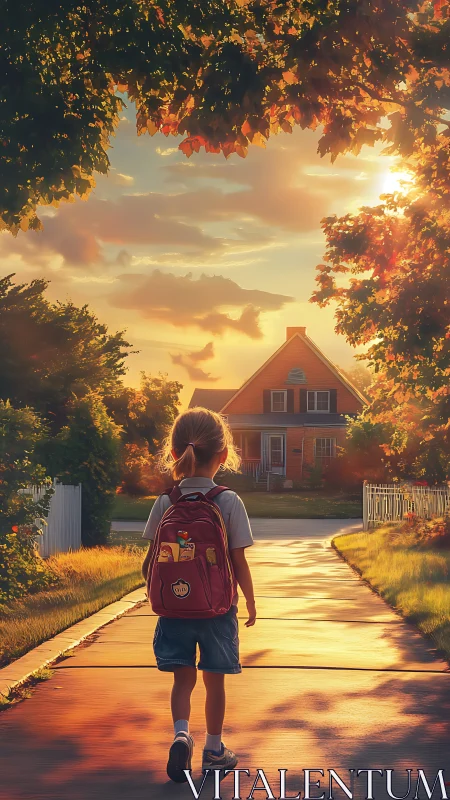 Child with backpack walking home on warm sunset street.