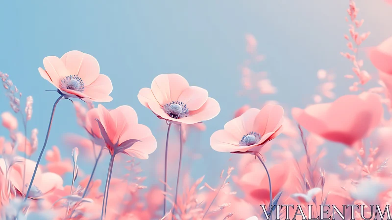 Pastel poppy meadow under soft blue sky at sunrise.