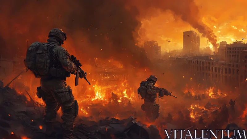 Soldiers cut silhouettes against a city swallowed by fire.