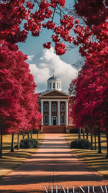 Neoclassical campus hall framed by vivid crimson foliage.
