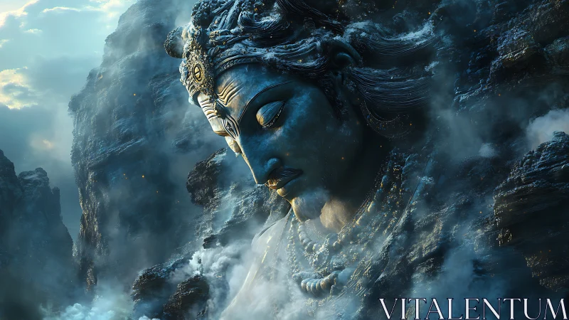 Colossal stone deity emerging from misty mountain cliffs.