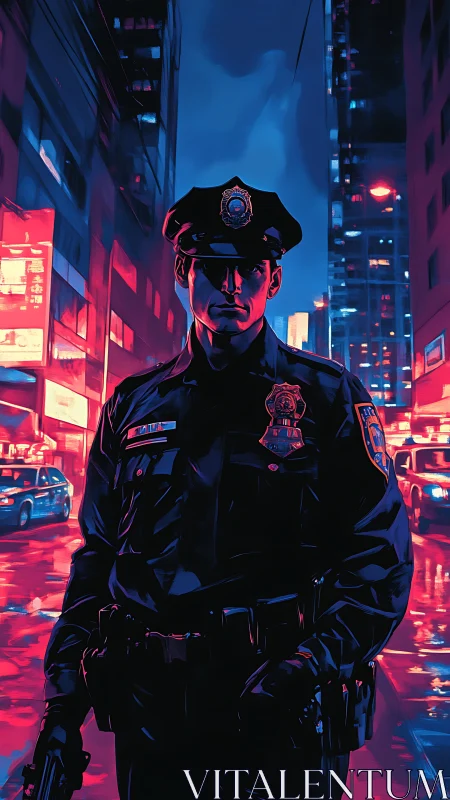 Urban patrol officer in neon-lit nocturnal cityscape. Period.