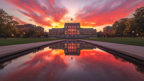 Golden campus sunset reflected in a peaceful waterway.