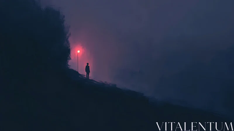 Solitary human figure stands beneath red lamppost at night