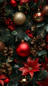 Christmas ornaments, pine cones and poinsettias arrangement.