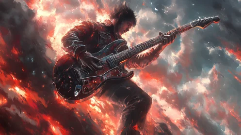 Fiery rock guitarist soaring through a storm of glowing clouds.