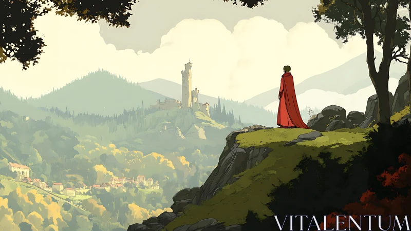 Cloaked traveler surveys distant hilltop castle at dawn