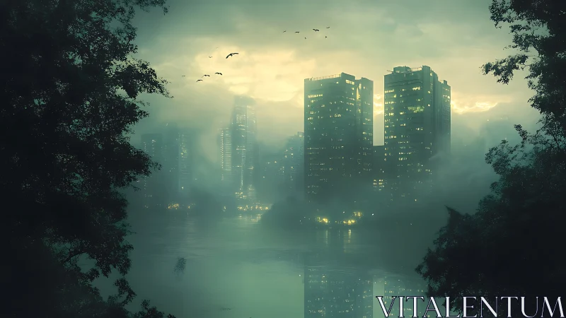 Mist-draped river city where towers glow through silence.