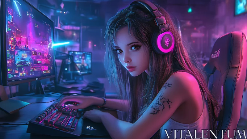 Female gamer at RGB-lit PC gaming setup in dark room.