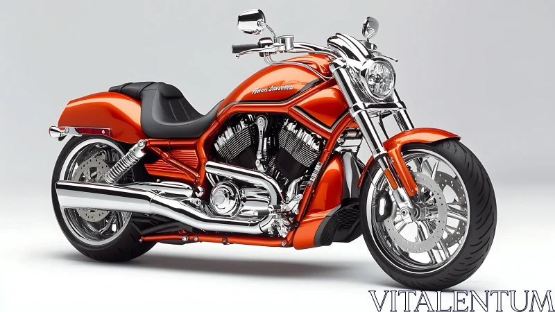 Orange chrome cruiser motorcycle on clean studio background.