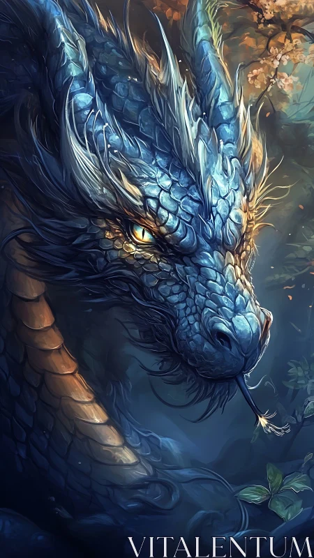 Iridescent blue dragon head with high-detail scales and warm rim lighting