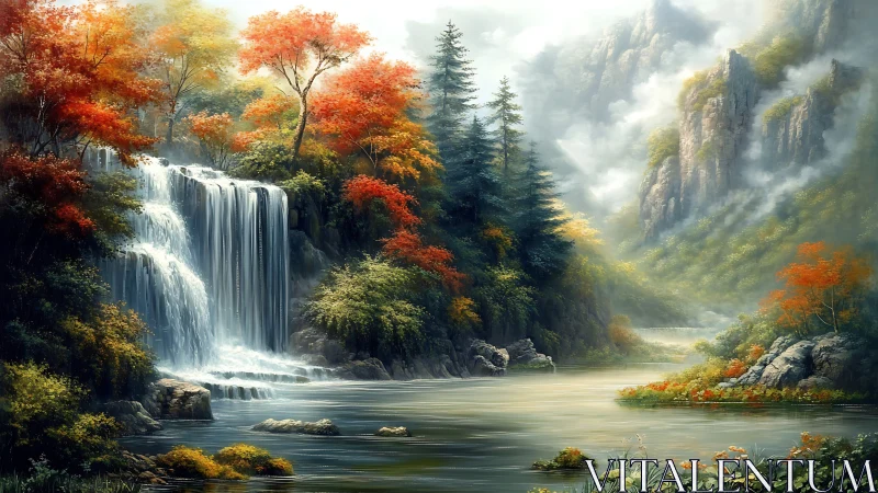 Waterfall and forested valley with autumn foliage and mist.