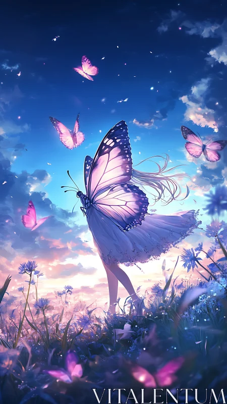 Human figure with butterfly wings stands in a flower field at dusk