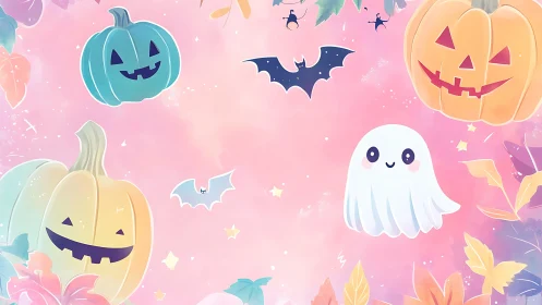 Softly smiling pumpkins and ghost share sweet pastel chills