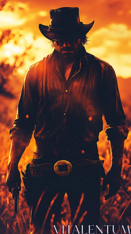Cowboy silhouette stands in fiery orange backlit field