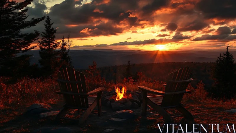 Sunset campfire warms two empty chairs above quiet hills