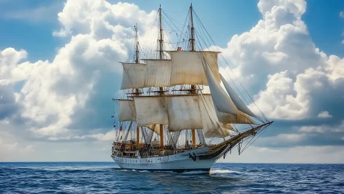 Tall-masted sailing ship under full rig on open seascape.