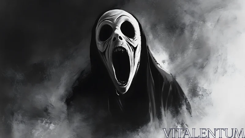 Monochrome spectral wraith portrait with screaming skull mask