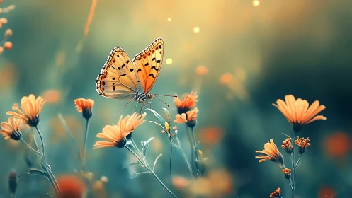 Sunlit butterfly poised over dreamy teal meadow blooms.