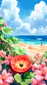 Bright tropical beach scene framed by flowers and fruit