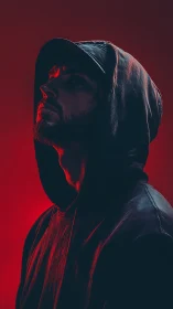 Hooded silhouette drinks in neon red shadows like prophecy