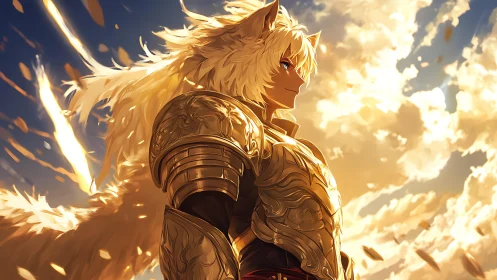 Sunlit wolf-knight pauses as golden clouds crown his vigil