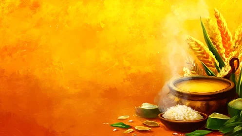 Harvest festival rice and steaming pot on vibrant saffron field.