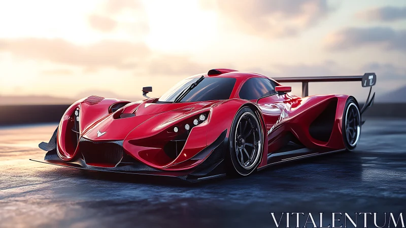 Red futuristic race car stands on wet track at sunset