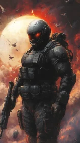 Armored sci fi soldier stands before burning war sky.