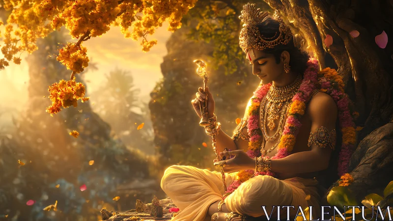 Golden dusk cradles a jeweled god lost in quiet music