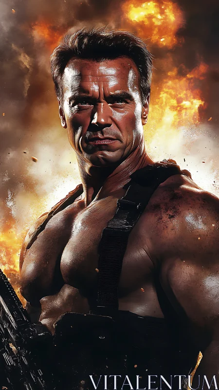 Explosive battlefield warrior in hyperreal combat portrait.