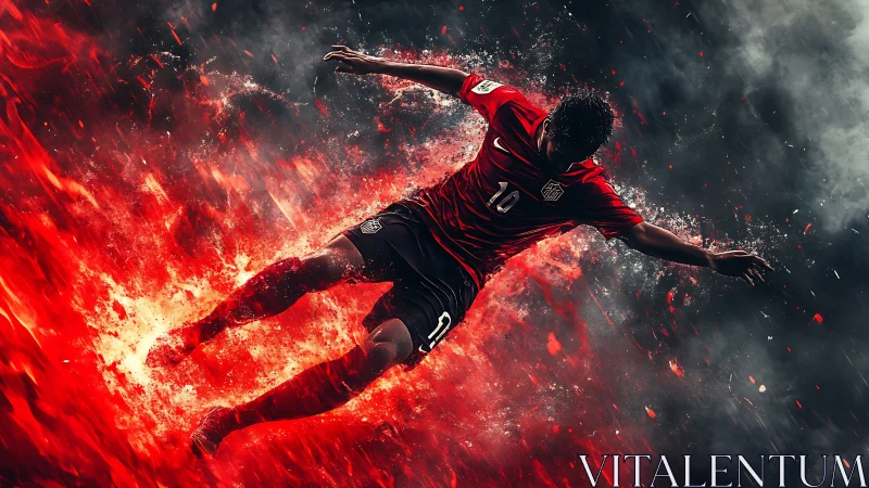 Soccer player dives through explosive red fire and smoke