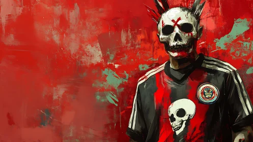 Grunge skull-masked soccer fan in red abstract graffiti field