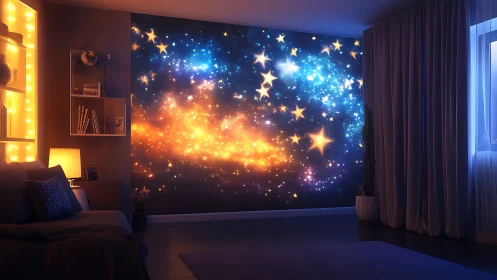 Starfield wall mural illuminates contemporary bedroom with bicolor glow
