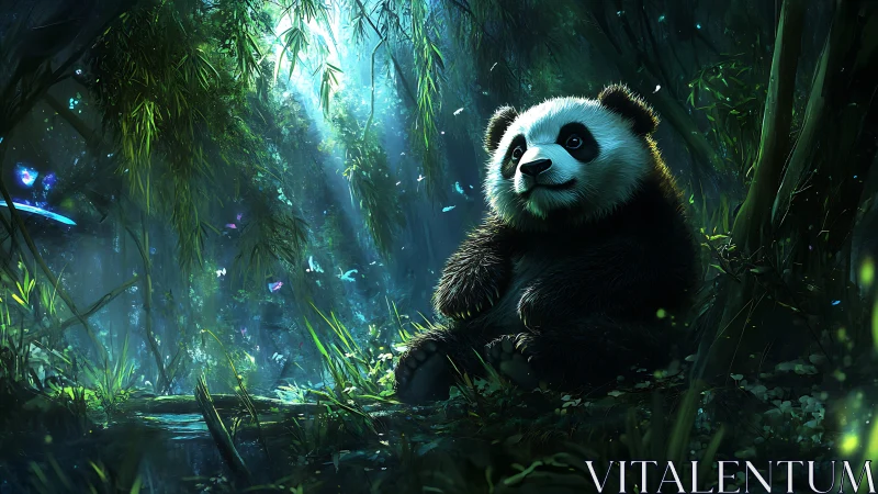Panda sits in dense, backlit bamboo forest with diffuse light