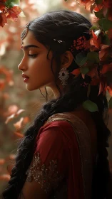 Profile portrait of woman in traditional attire with foliage.