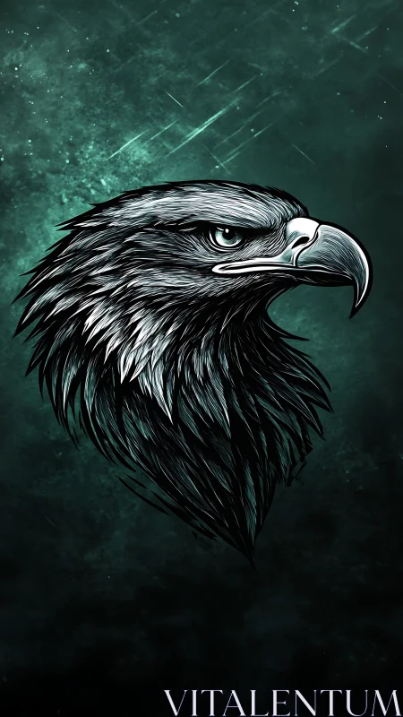 Stormwatch raptor head etched in teal cosmic gloom.