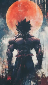 Backlit muscular warrior silhouette under oversized red moon