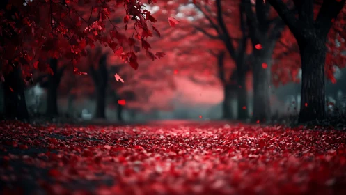 Red autumn tree tunnel with fallen leaves on pathway.