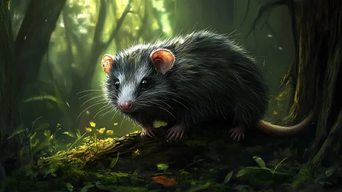 Forest rodent pauses on mossy log in soft green light.