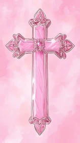 Pink jeweled cross illustration on soft pastel background.