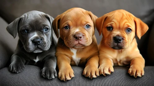 Three young puppies rest closely together on a sofa