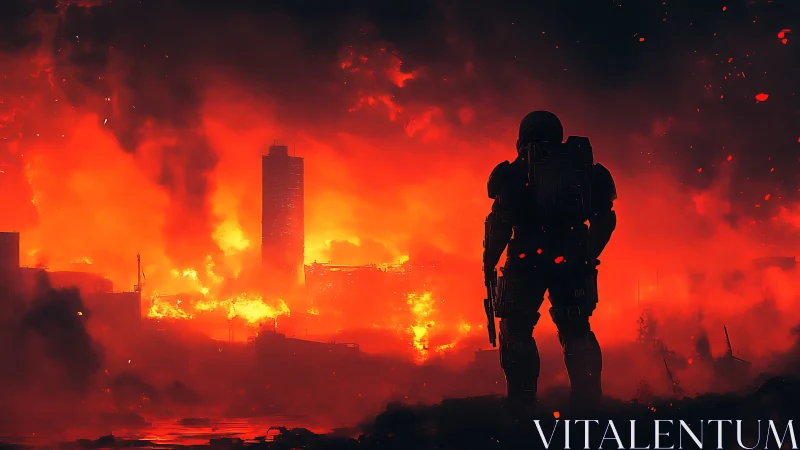 Lone armored sentinel watching a neon inferno consume city ruins.