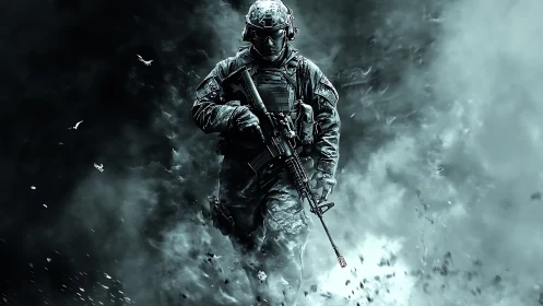 Smoke-wreathed soldier strides forward through a storm of ash