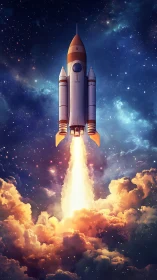 Starbound rocket tears through nebula-brightened clouds.