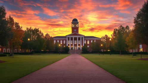 Twilight over neoclassical campus hall with glowing skyscape.